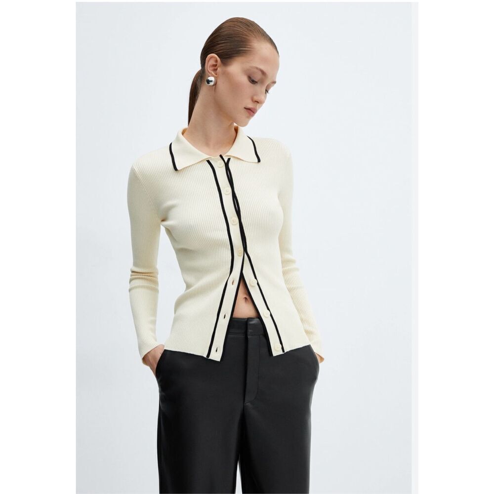 White House Black Market Shell Cardigan Women's size L Ivory Black Ribbed Jumper